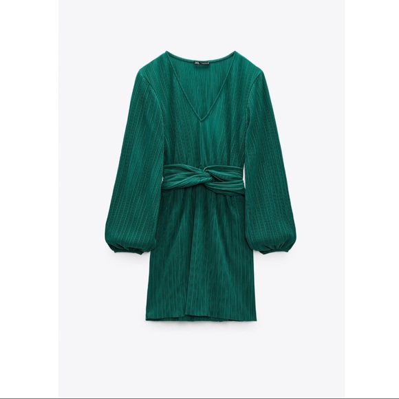 ZARA LONG SLEEVE DRESS IN GREEN WITH TIE - Picture 6 of 13